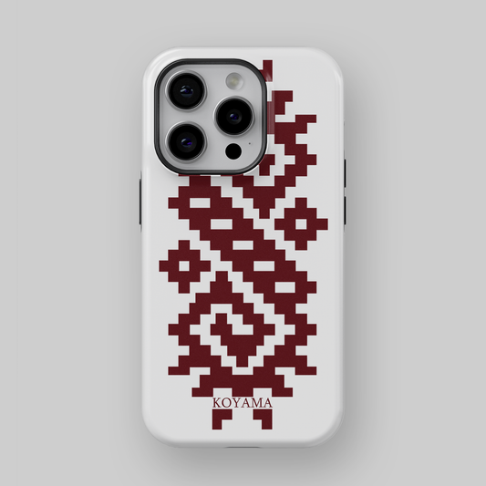 white phone case with burguncy grass snake symbol