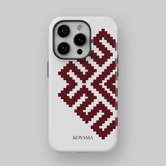 white phone case with burgundy latvian symbol ozoliņš